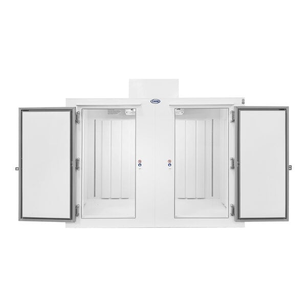 A white outdoor reach-in freezer with steel doors open.