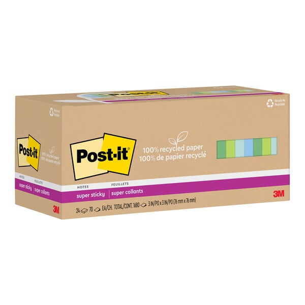 A box of 24 3M Post-It Super Sticky Note pads in assorted blue and green colors with a logo.