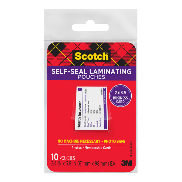 A package of 3M Scotch self-seal laminating pouches.