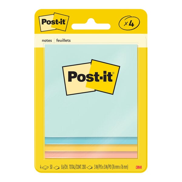 A package of 4 post-it® sticky note pads in assorted pastel colors.