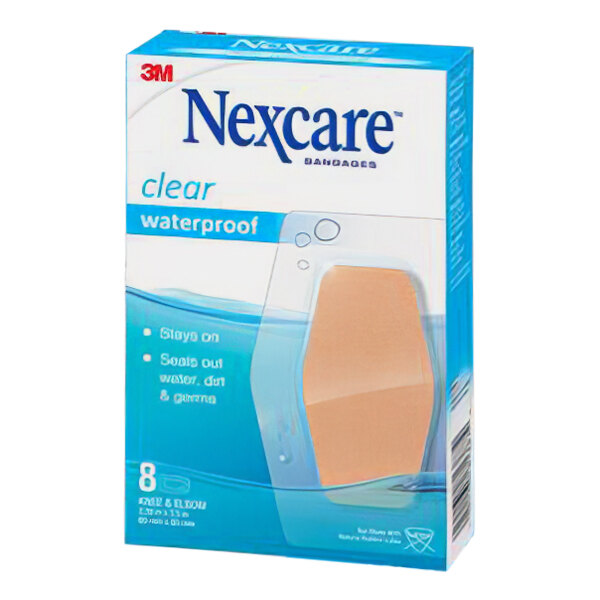 A box of 3M Nexcare clear waterproof knee and elbow bandages.