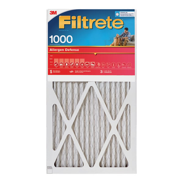 A close-up of a white 3M Filtrete MPR 1000 pleated air filter.