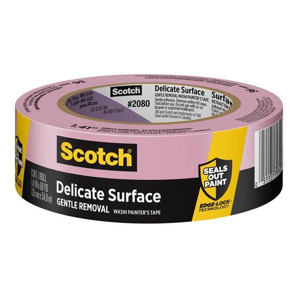 A roll of 3M Scotch purple delicate surface painter's tape with black and yellow text.