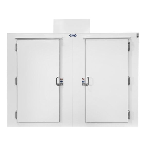 A white freezer with steel doors and metal handles.