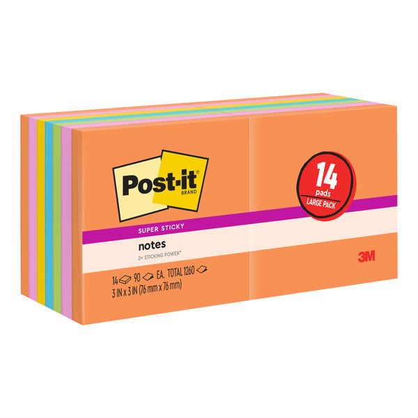 A stack of 3M Post-It Super Sticky Notes in assorted bright colors.