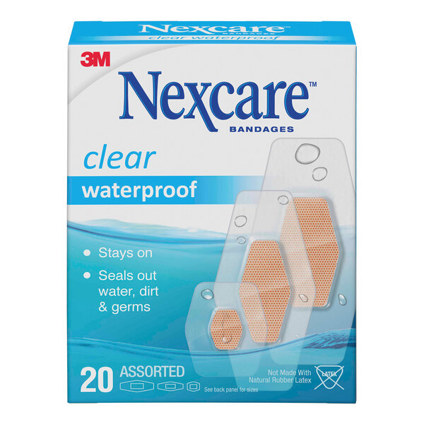 A box of 3M Nexcare clear waterproof bandages.