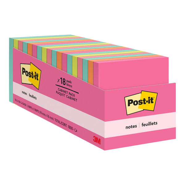 A box of 18 Post-It® Cape Town Collection 3" x 3" sticky note pads in assorted bright colors.