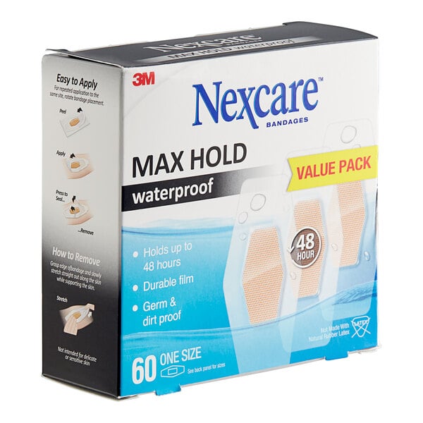 A box of 3M Nexcare waterproof bandages with max hold pads.