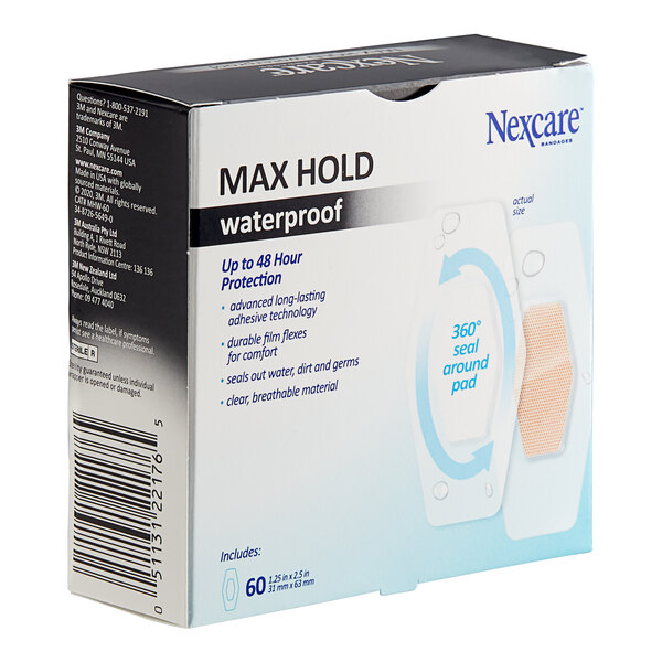 A box of 3M Nexcare Max Hold waterproof bandages.