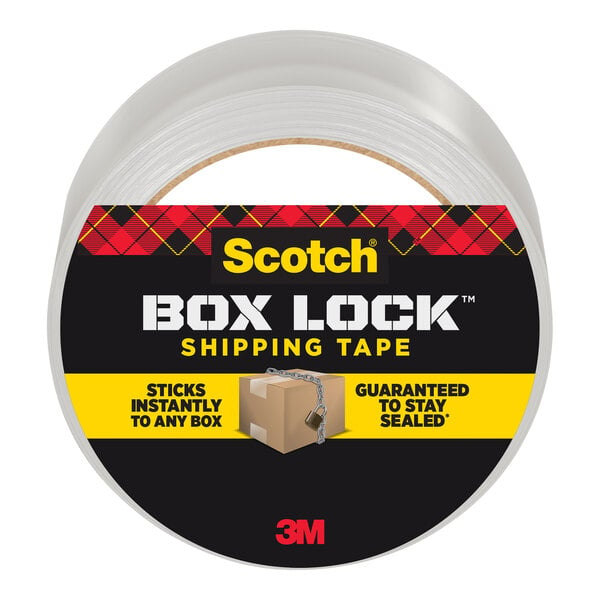 A roll of 3M Scotch clear shipping tape with a white label.