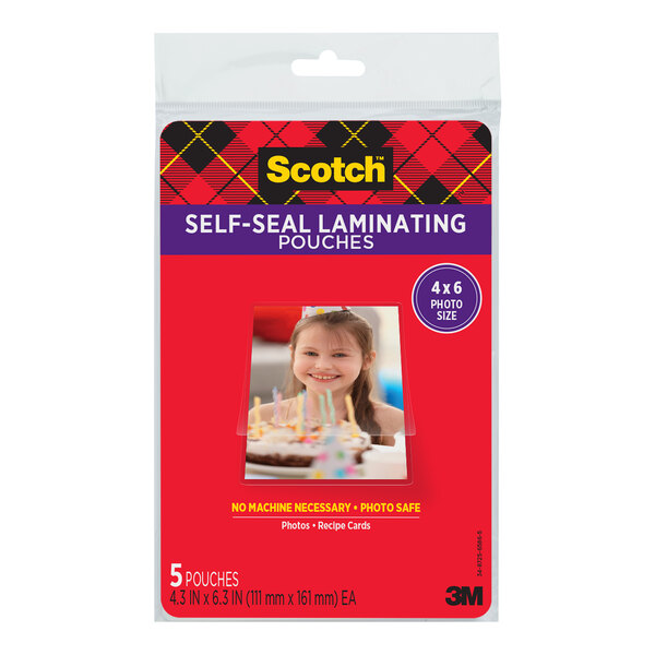 A pack of 3M Scotch self-sealing laminating pouches.