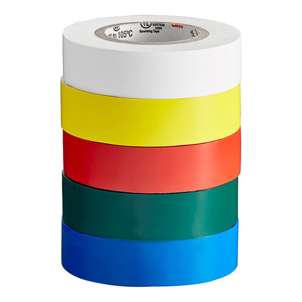 A stack of colorful 3M Scotch vinyl electrical tape rolls.