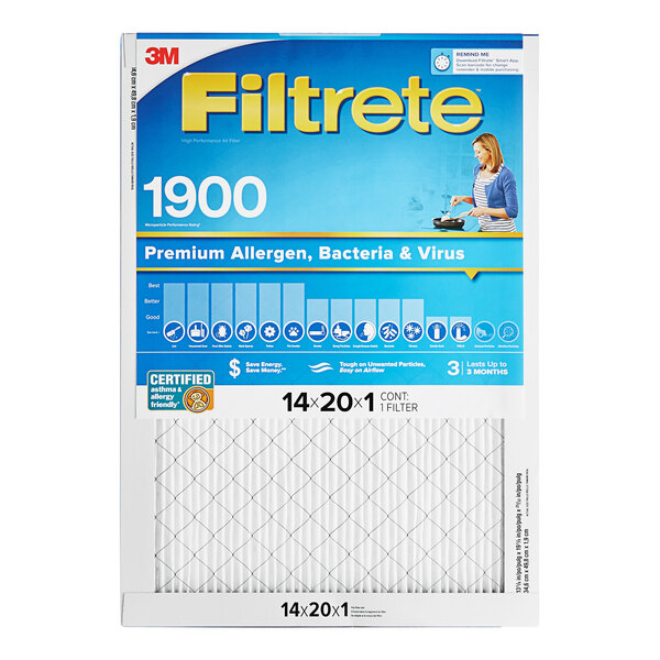 A box of 3M Filtrete air filters with yellow and blue text on a white surface.