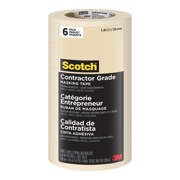 A white roll of 3M Scotch contractor grade masking tape with a black label.