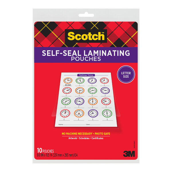 A package of 3M Scotch self-seal laminating pouches on a counter.