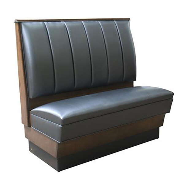 An American Tables & Seating black and wood upholstered booth.