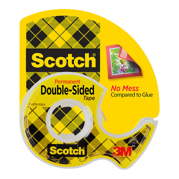 A yellow and black Scotch tape dispenser with a black and yellow label.
