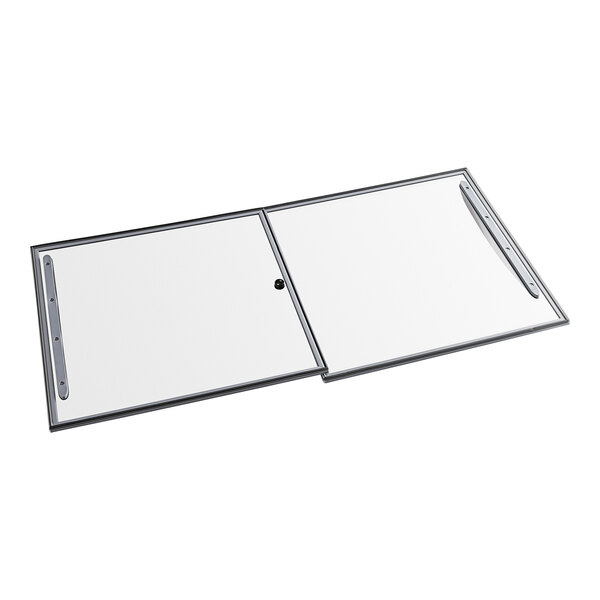 A white rectangular glass lid with a metal frame.