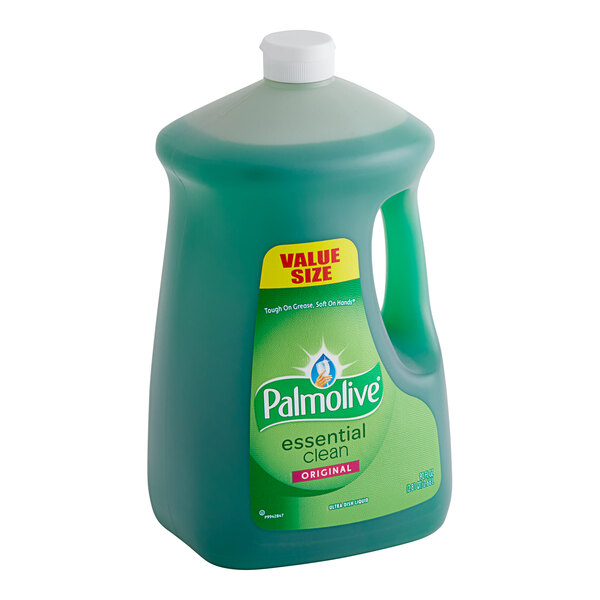 A green bottle of Palmolive Essential Clean dishwashing liquid with a white label.