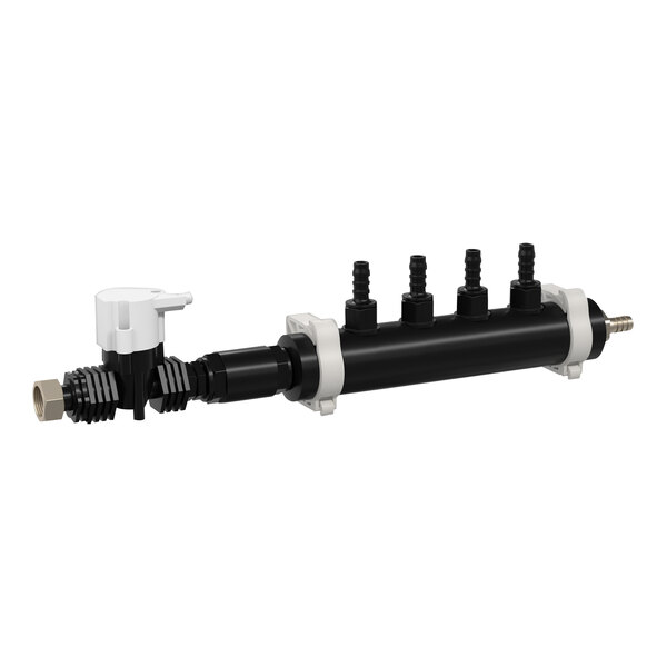 A black and white Brightwell laundry flush manifold with white valves.