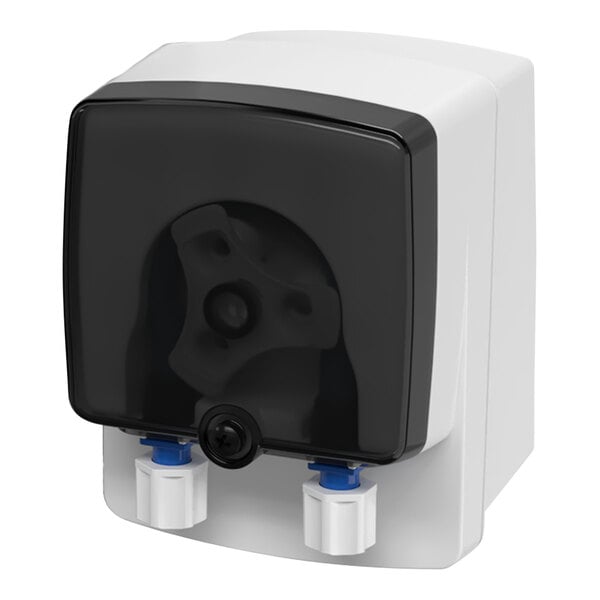 A white box with a black and white plastic cover for a Brightwell Quantura peristaltic sanitizer dosing pump.