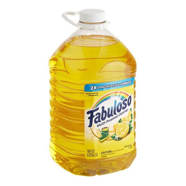 A bottle of Fabuloso concentrated lemon-scented multi-purpose cleaner with yellow liquid.