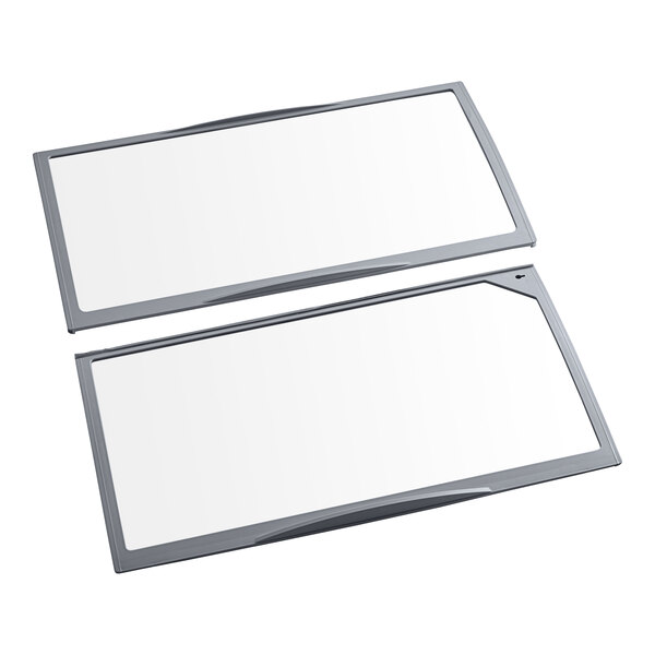 A pair of rectangular white glass lid frames with a silver frame.