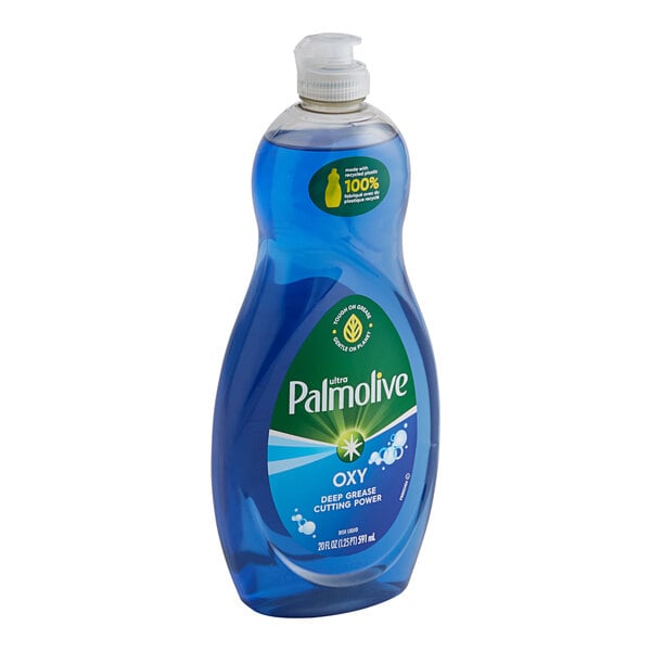 A blue bottle of Palmolive dishwashing liquid with a green label.