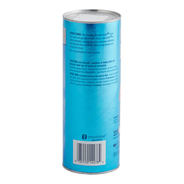 A blue can of Ajax Oxygen Bleach Powder Cleanser with a label on it.
