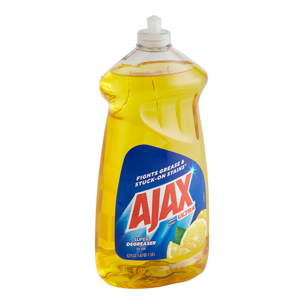 A close up of a case of 6 Ajax Ultra Lemon Scent dish detergent bottles.