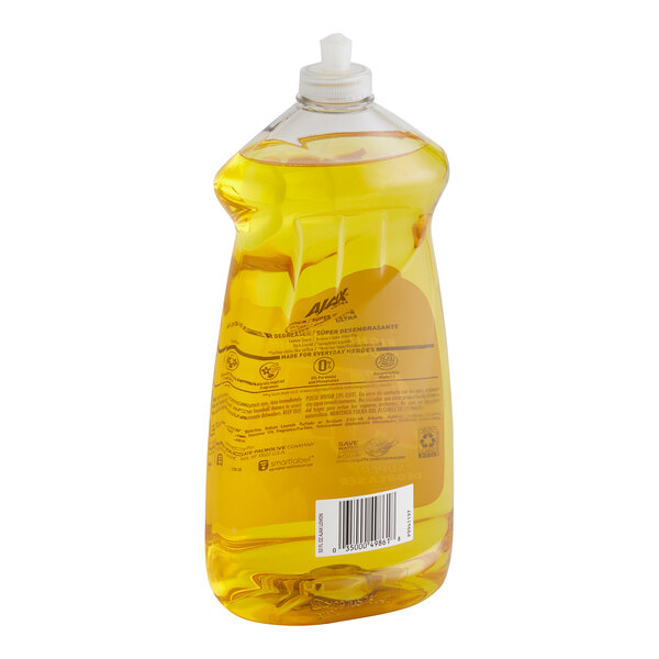 A white plastic bottle of Ajax Ultra lemon-scented liquid dish detergent with yellow liquid inside.