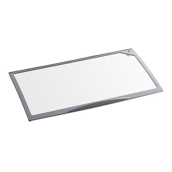 A white rectangular glass lid with a silver frame.