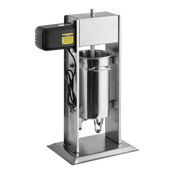 A stainless steel vertical hybrid electric and manual sausage stuffer with a cylindrical container and attached power cord.