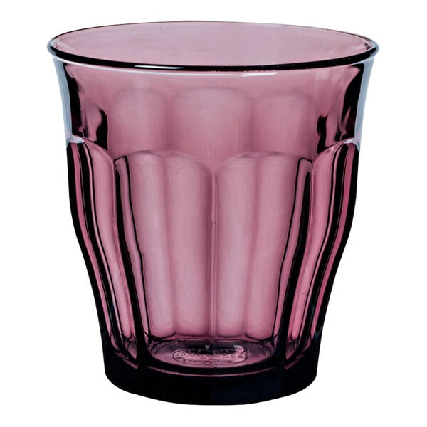 A Duralex Picardie purple glass tumbler with a black rim.