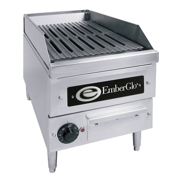 An EmberGlo electric countertop charbroiler with a lid.