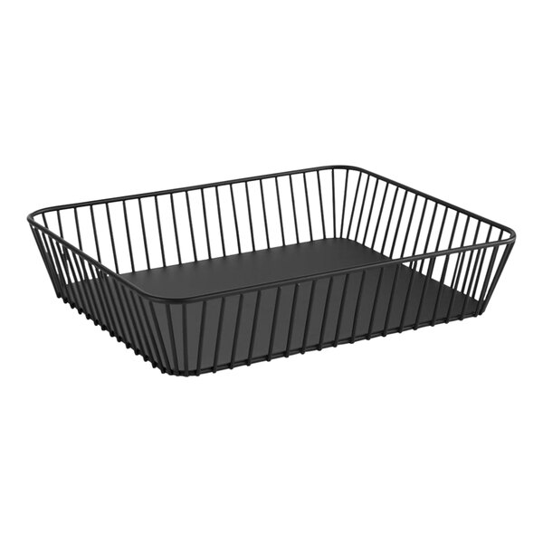 A black rectangular wire basket with a black surface.
