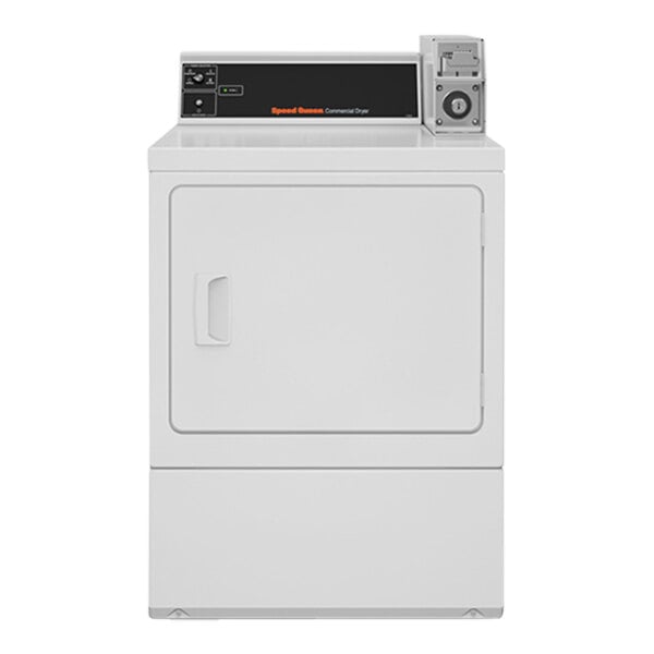 A white Speed Queen front load gas powered commercial dryer with rear control.