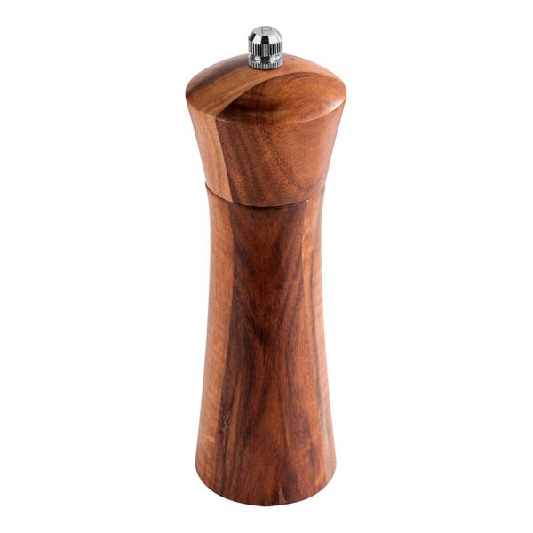 An APS Acacia pepper mill with a wooden handle and silver top.