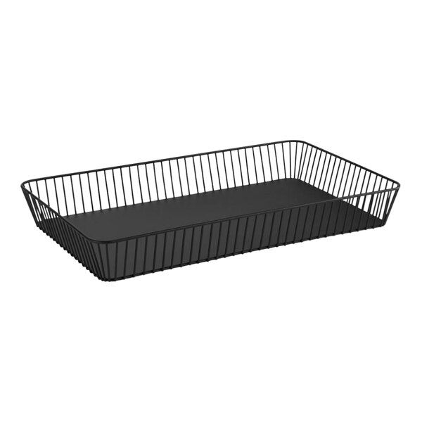 A black rectangular stainless steel wire basket on a counter.