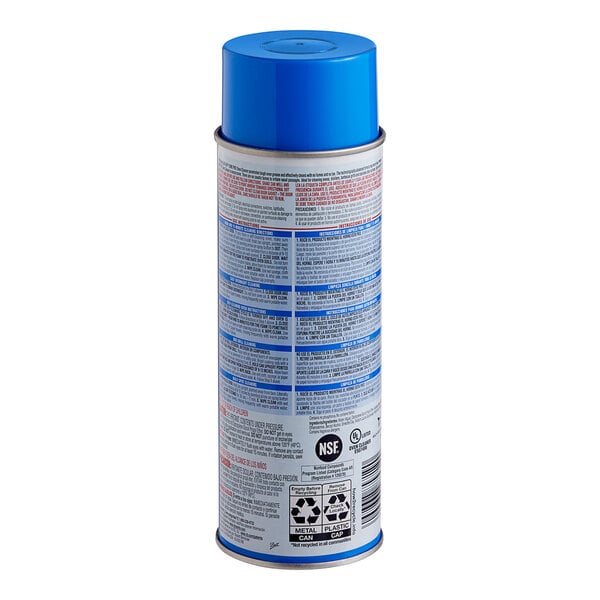 A close-up of a blue Easy-Off spray can with a label.