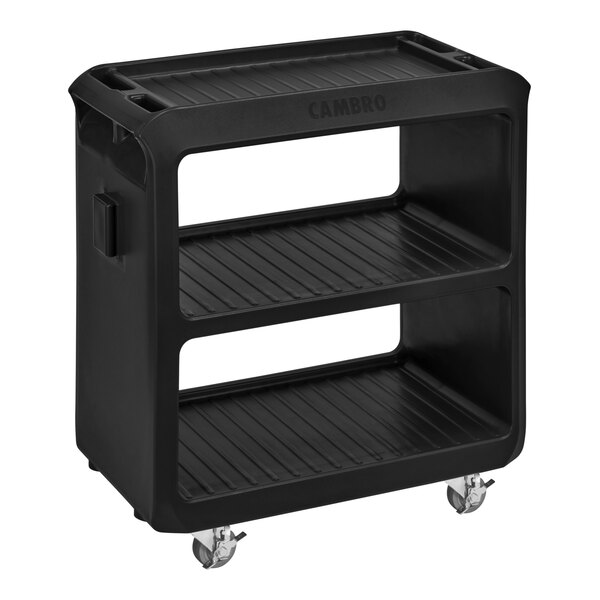 A black Cambro service cart with 3 shelves and wheels.