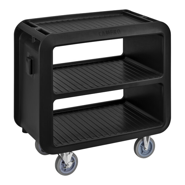 A black plastic Cambro service cart with wheels.