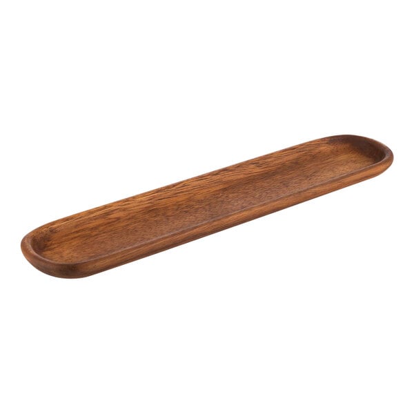 An Acacia oval serving board with a long handle.