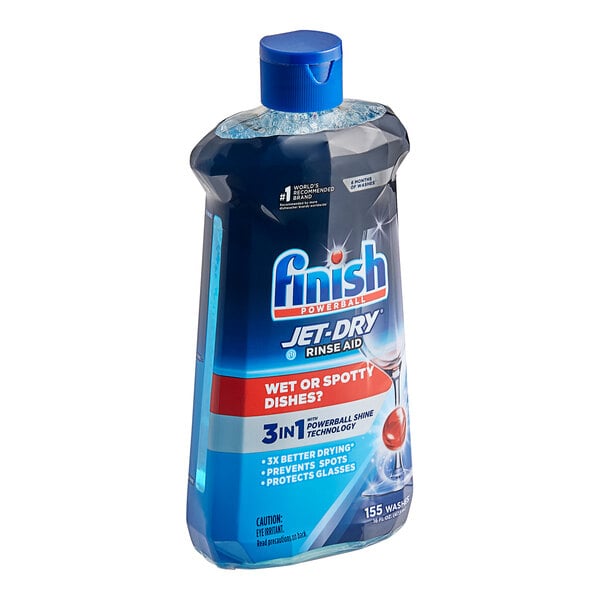 A blue and red plastic bottle of Finish Jet Dry dishwasher rinse aid with white text and a blue cap.