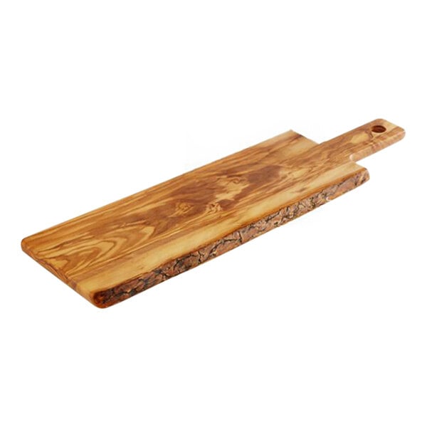 An olive wood rectangular serving board with a handle.