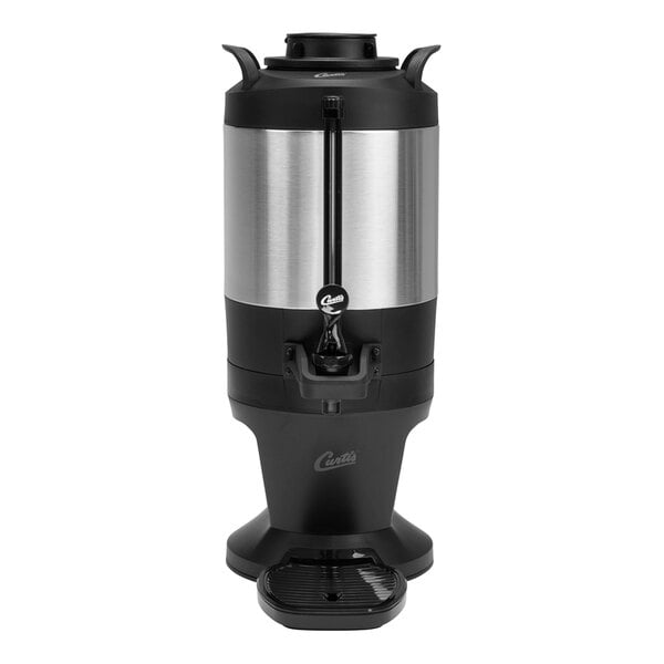 A large, stainless steel and black beverage dispenser with a spigot and drip tray at the bottom.