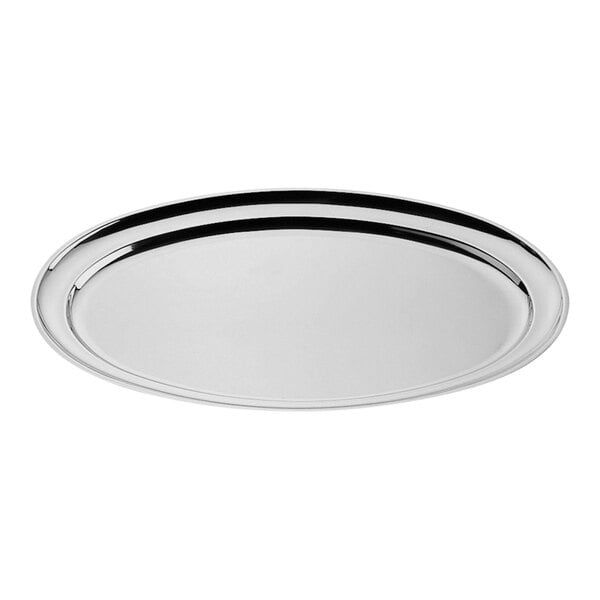 An oval stainless steel serving platter with a round rim.