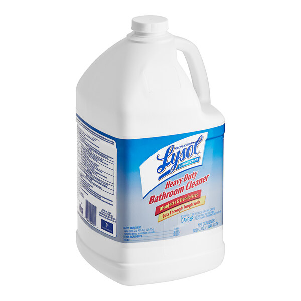 A white plastic container of Professional Lysol Disinfectant Bathroom Cleaner with a blue label.