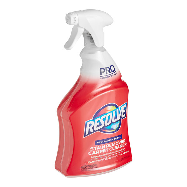 A red and white bottle of Resolve Stain Remover and Carpet Cleaner.
