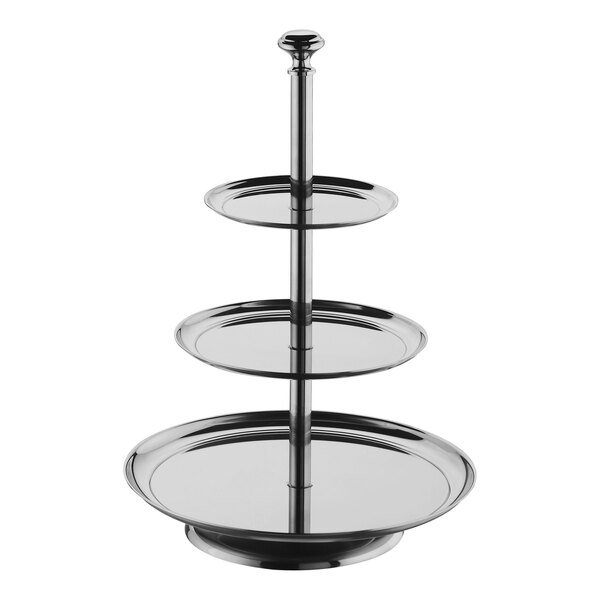 An Abert stainless steel 3-tier display stand with round trays.